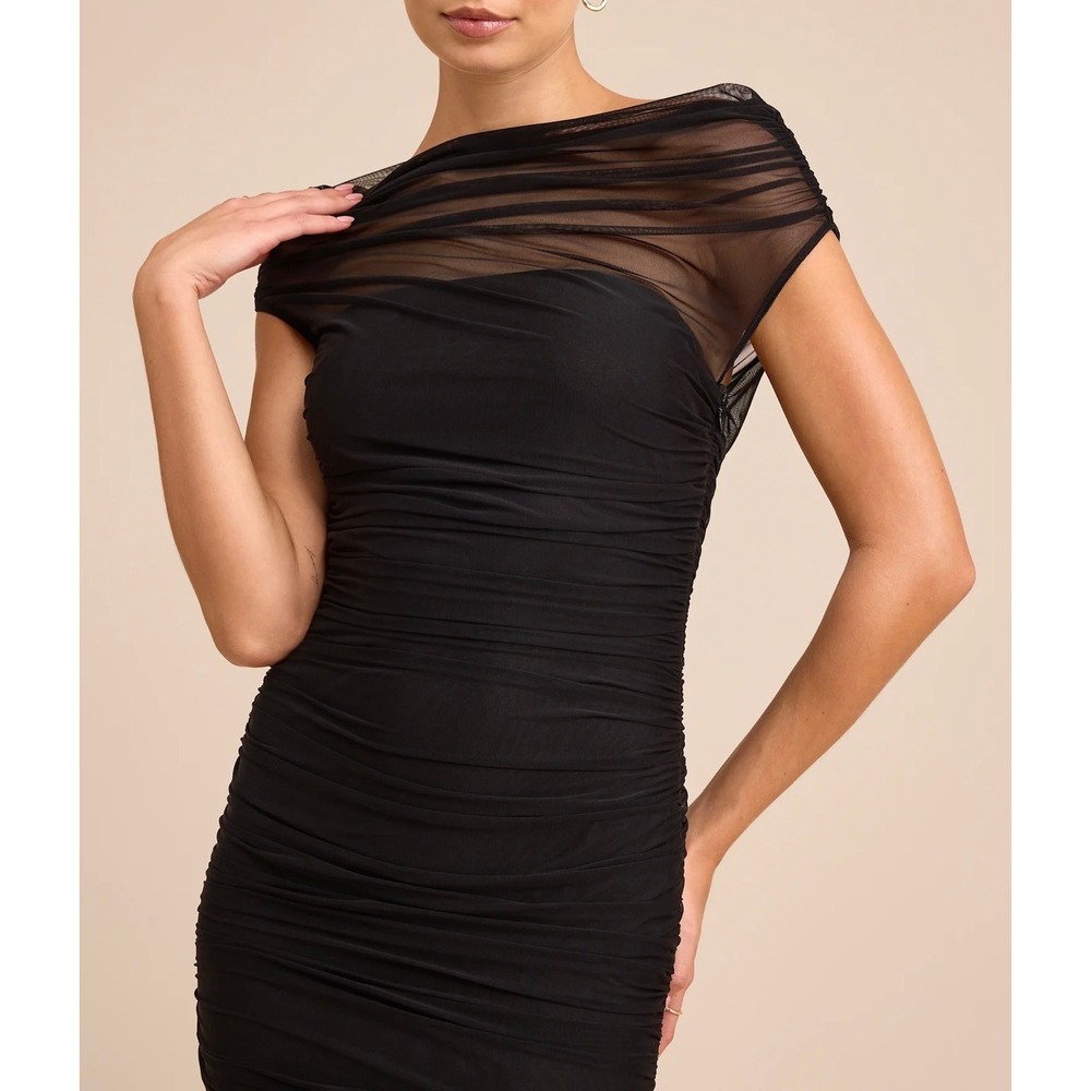 Lulus Sunama Black Mesh Ruched Mermaid Evening Gown Maxi Dress M 2689